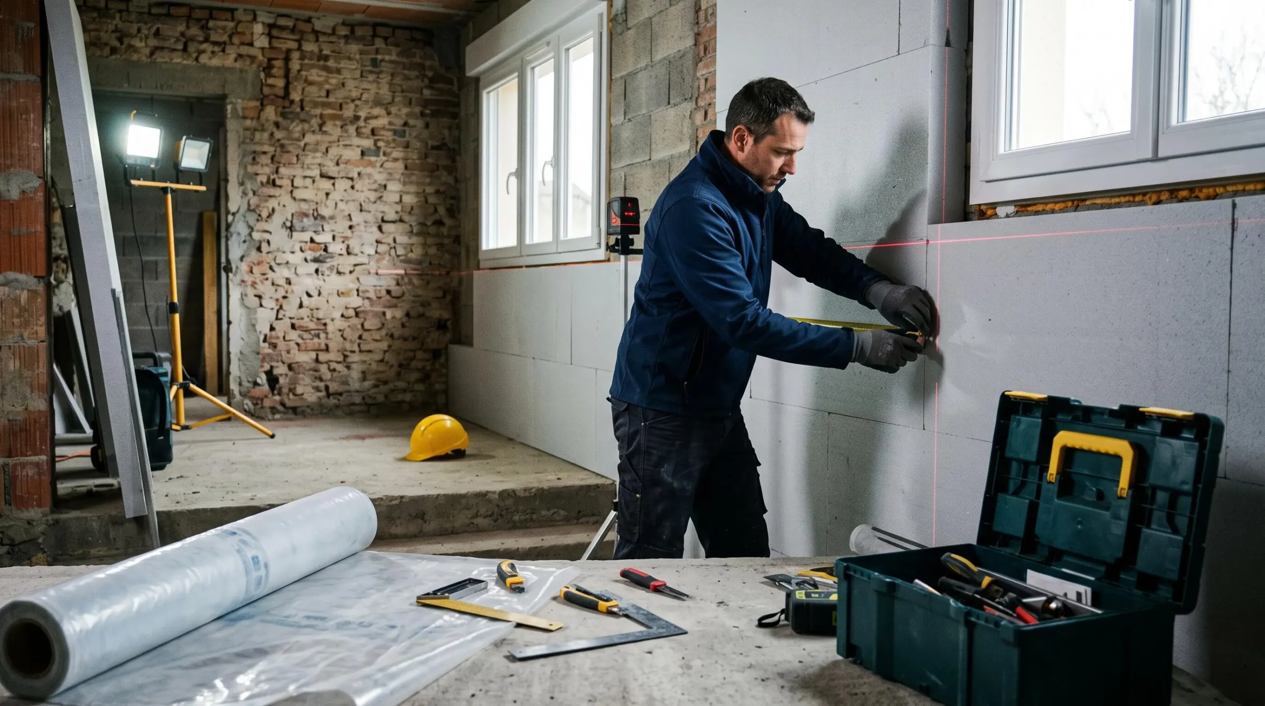Artisan professionnel installant des panneaux d'isolant thermique sur un mur intérieur d'un chantier de rénovation résidentielle française