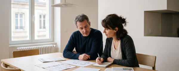 Couple d'âge moyen examinant des documents de rénovation énergétique sur une table en bois dans un salon contemporain français, lumière naturelle douce