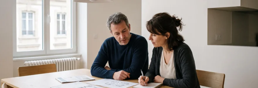 Couple d'âge moyen examinant des documents de rénovation énergétique sur une table en bois dans un salon contemporain français, lumière naturelle douce