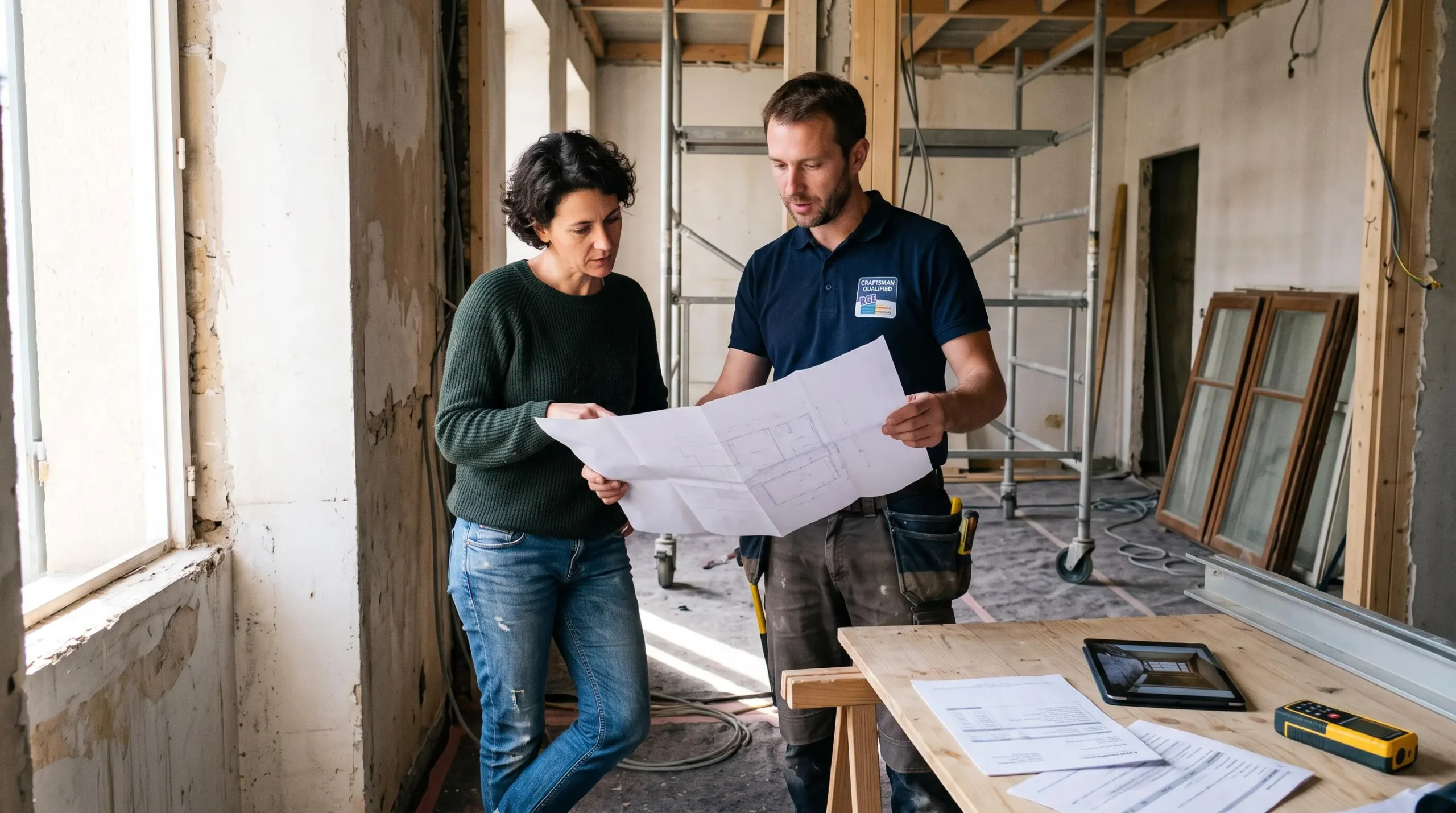 Propriétaire et artisan RGE consultant ensemble un plan technique sur un chantier de rénovation résidentielle française