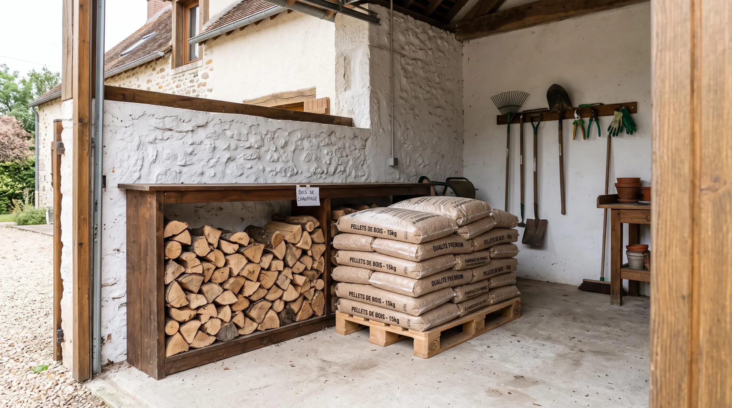 Espace de stockage dans un garage résidentiel français montrant bûches empilées sur étagère à gauche et sacs de granulés sur palette à droite, illustrant la logistique du double approvisionnement